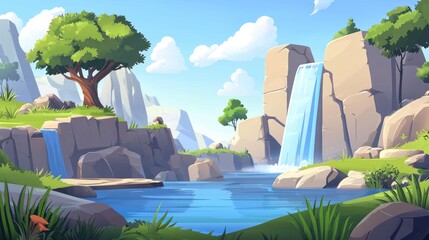 A Serene Mountain Lake with a Waterfall Flowing into it