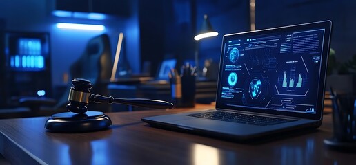 A gavel beside a laptop displaying digital legal data in a modern office.