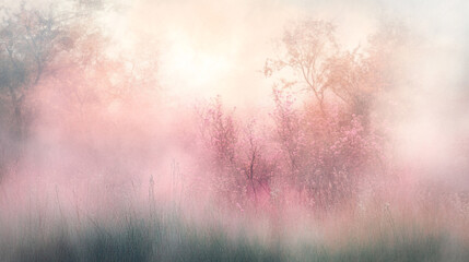 Soft pastel hues blanket the landscape in a serene misty morning setting