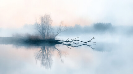 Mysterious morning fog over calm waters with trees reflecting in stillness