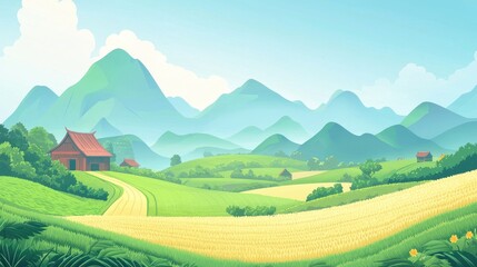 Fototapeta premium Rural Landscape with Rolling Hills, Green Fields, and a Small Farmhouse