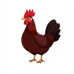 Fototapeta premium Colorful Cartoon Hen with Red Comb and Feathered Tail, Standing Proudly Against a White Background Ideal for Illustrations and Designs Related to Farming and Animals