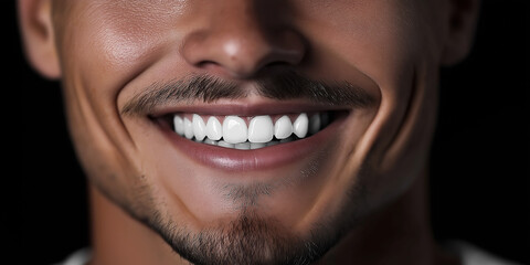 Fototapeta premium Man smiling showing white teeth and mustache on black background
