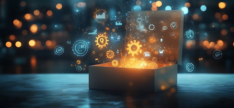 A glowing box emits digital icons and gears, symbolizing innovation and ideas.
