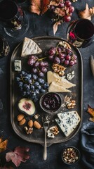 Autumn Cheese And Wine Platter With Grapes And Nuts