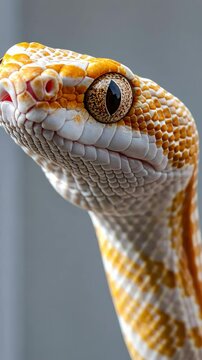 Albino ball python showcasing its striking features with vibrant orange and white patterns in a close-up shot