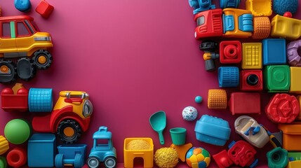 Colorful plastic toys arranged on pink background, leaving space in the center.