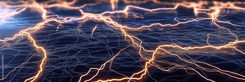 Poster Lightning bolts striking a network of wires, creating a powerful electrical current