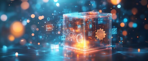 A glowing transparent cube with gears, symbols, and digital elements.