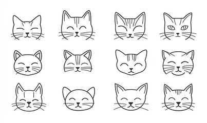 Naklejka premium Twelve cute cat faces, line art illustrations.