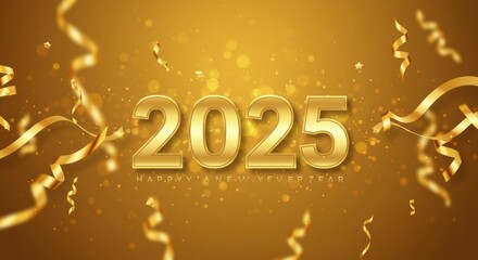 Golden 2025 Celebration: A shimmering celebration of the new year with 3D golden numbers and confetti ribbons against a sparkling gold backdrop.  