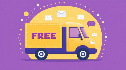 Fototapeta premium Colorful delivery truck with free shipping concept on purple background