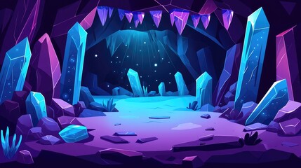 A Cave Entrance Surrounded by Glowing Purple and Blue Crystals