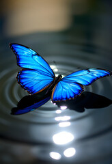 Blue butterfly on water with light reflections. The concept of beauty and nature, with white tones
