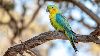 A colorful parrot perched on a branch in a natural setting.