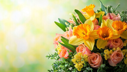A bouquet of daffodils and tulips in spring, with copy space on the right side.