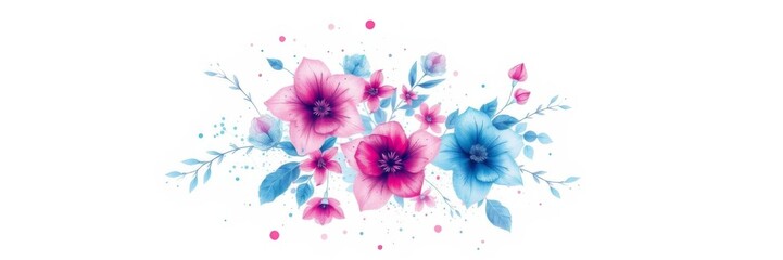 Obraz premium Watercolor painting of leaves and flowers with pink and blue splash on white background, flowers, splash, blue