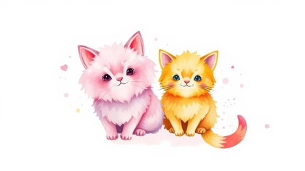 Obraz premium Watercolor illustration of adorable pink cats surrounded by empty copy space, pet, domestic, whimsical
