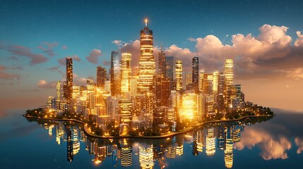 Fototapeta premium Vibrant Cityscape at Dusk with Twinkling Lights and Reflective Water, Showcasing a Modern Skyline Surrounded by Calm Waters and Dramatic Clouds