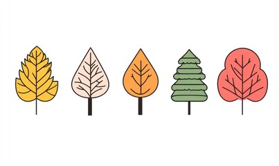 Fototapeta premium Five stylized autumn trees and leaves.