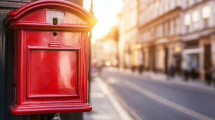 Obraz premium Historic red mailbox stands prominently on a British street, symbolizing timeless communication and cultural heritage.