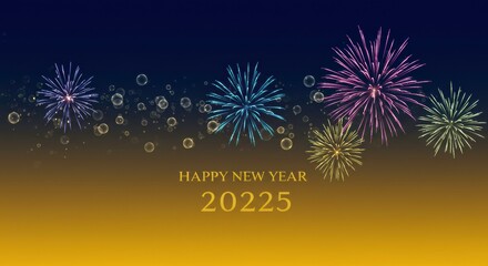 Happy New Year Fireworks: Celebrate the dawn of a new year with vibrant fireworks bursting against a dark blue and gold gradient background. The year 2025 is emblazoned in gold.