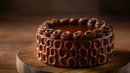 A beautifully crafted chocolate cake featuring intricate rose-shaped frosting on top and a unique textured design around the sides. A luxurious dessert perfect for celebrations and special occasions.