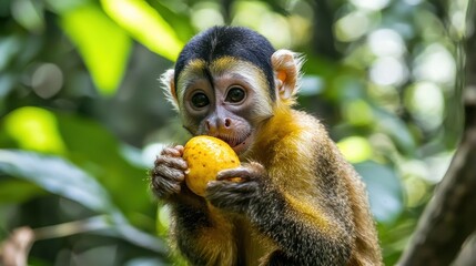 Fototapeta premium A capuchin monkey eating a fruit in the rainforest.