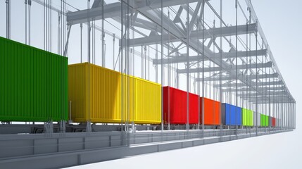 A row of colorful shipping containers in a modern industrial setting.