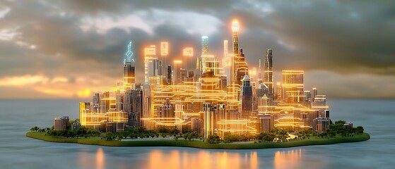 Naklejka premium Futuristic Cityscape with Illuminated Skyscrapers and Glowing Structures on Floating Island During Twilight with Dramatic Cloudy Sky