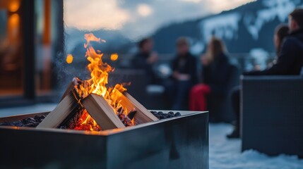 Close-Up of Modern Minimalist Rectangular Metal Fire Pit with Burning Flames on Snowy Outdoor Terrace of Luxury Mountain Chalet, Young People in Blurred Background
