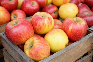 Red Ripe Apples in Wooden Crates Available for Purchase at Outdoor Market