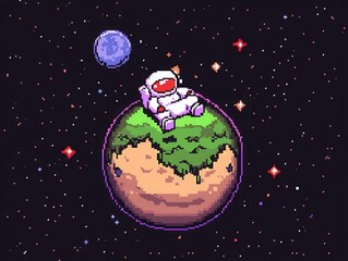 Fototapeta premium A playful 8-bit pixel art of glowing pixelated astronauts playing with a glowing cosmic beach ball on a pixelated alien planet, surrounded by glowing craters, tiny sparkling comets, and colorful 