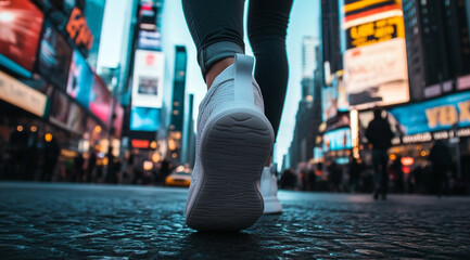 A close-up of the woman's feet in white sneakers, walking on the streets of New York City