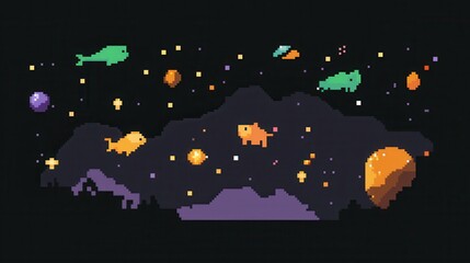 A playful 8-bit pixel art of glowing pixelated space animals floating among pixelated stars, surrounded by glowing planets, tiny sparkling comets, and a pastel purple and blue cosmic theme. 
