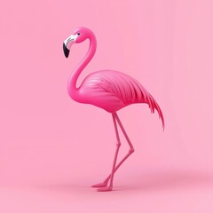 Fototapeta premium Vibrant Pink Flamingo Standing Gracefully Against a Soft Pink Background Evoking Playfulness and Tropical Vibes in a Whimsical Artistic Style