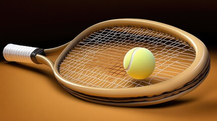 A tennis racket with a yellow ball resting on its strings, highlighting a sports theme.