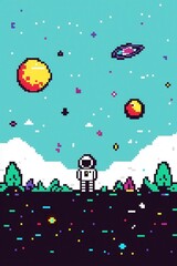 An intricate 8-bit pixel art of a glowing pixelated astronaut floating beside a glowing satellite, surrounded by pixelated stars, tiny glowing planets, and a stunning backdrop of colorful nebulas. 