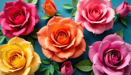 Naklejka premium Vibrant paper roses, various colors, close-up, stock photo, close up, blossom