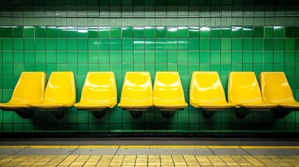 Solitude and waiting, row of yellow seats in a deserted subway platform