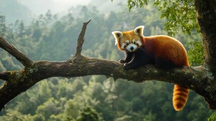 Fototapeta premium Majestic Red Panda on a Branch in Lush Green Forest