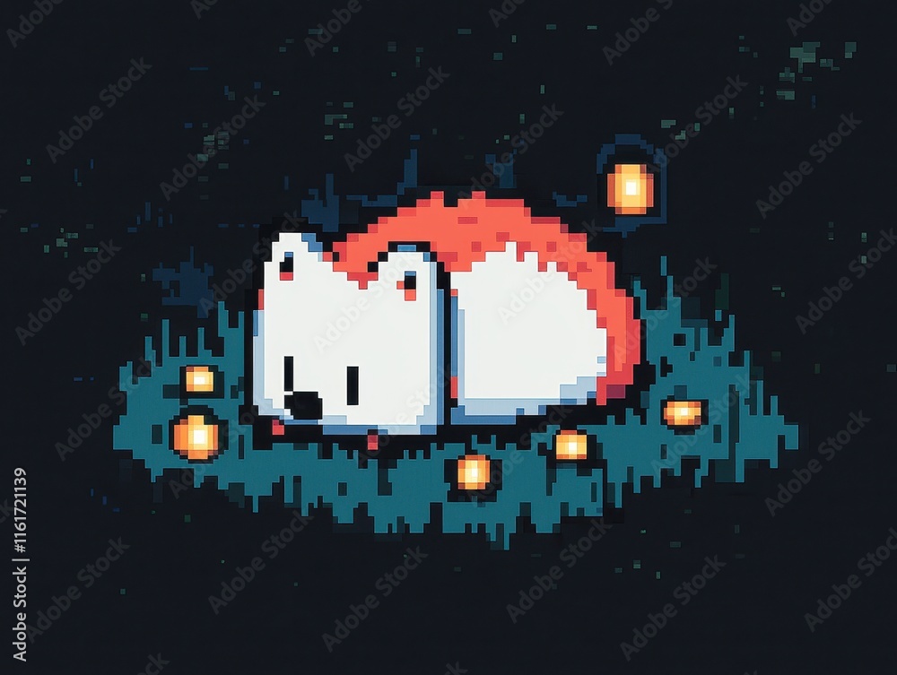 Canvas Prints An intricate 8-bit pixel art of a glowing pixelated hedgehog curled up on a glowing leaf, surrounded by tiny pixelated mushrooms emitting soft light, sparkling grass, and a pastel green and 