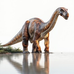 A large dinosaur stands near a calm body of water, showcasing prehistoric life in a serene setting.