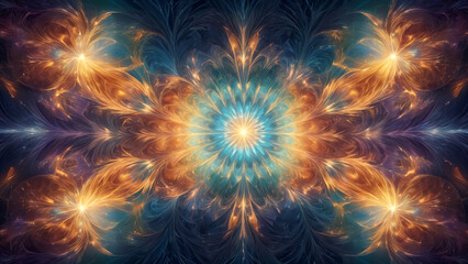 Abstract Fractal Sunburst in Radiant Golden and Blue Hues