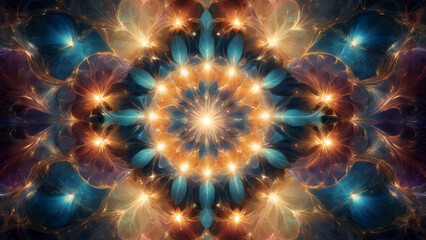 Abstract Fractal Sunburst in Radiant Golden and Blue Hues