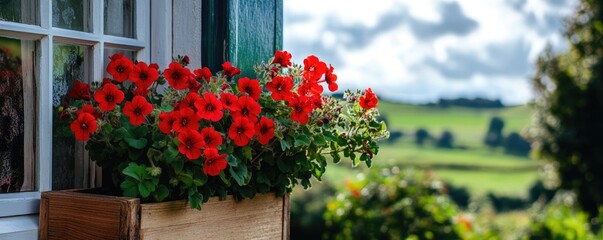 Obraz premium A vibrant window box filled with red flowers against a lush green landscape.