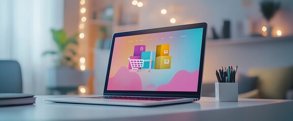 A laptop displaying an online shopping interface on a stylish desk.