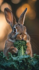 Brown Rabbit Enjoying Fresh Green Kale