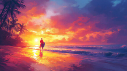 Fototapeta premium Surfers on a tropical beach at sunset with a panoramic view of the ocean and sky