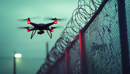 A drone with red lights flying over the top of a high-security fence that has barbed wire on it